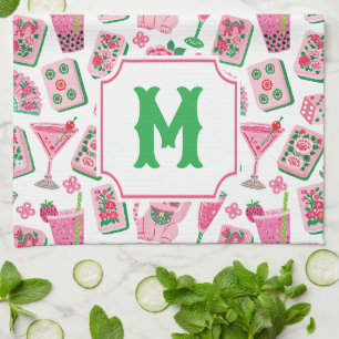 Linge De Cuisine Chic Capriceux Rose & Vert Monogramme Fête Mahjong