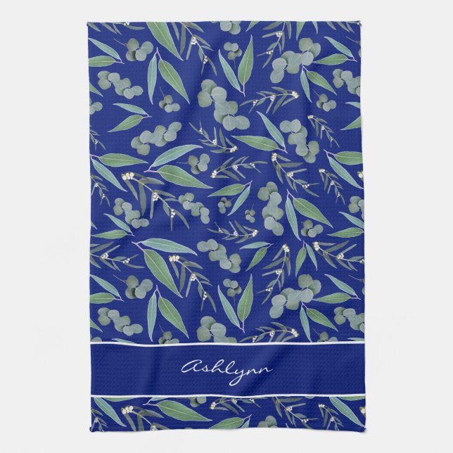 Linge De Cuisine Chic Custom Navy Blue Eucalyptus Motif de verdure (Vertical)