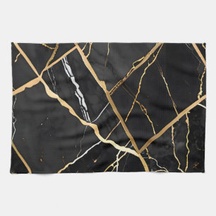 Linge De Cuisine Chic Elégant noir jaune or Faux Marble