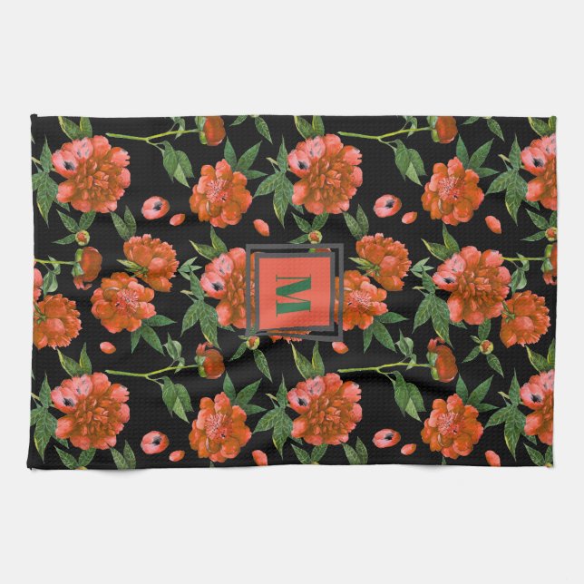 Linge De Cuisine Chic Peonies rouges Fleurs florissantes Motif Mono (Horizontal)