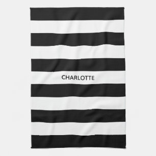 Linge De Cuisine Chic rayures noir et blanc nom personnalisé monog