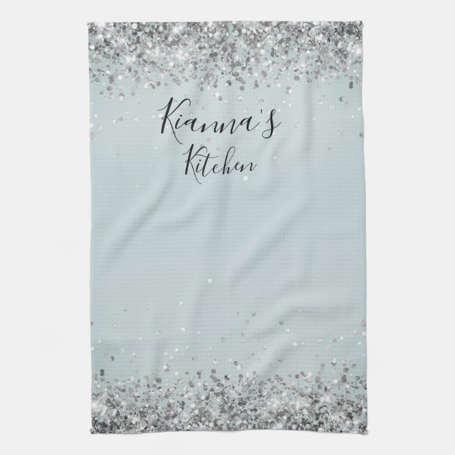 Linge De Cuisine Chic Silver Glittery Personnalisé (Vertical)