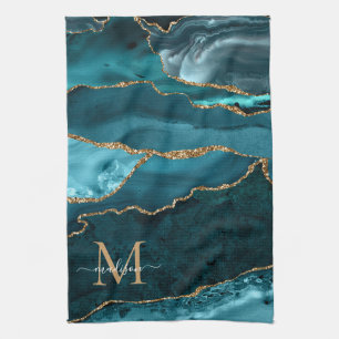Linge De Cuisine Chic Turquoise Green Gold Parties scintillant Géod