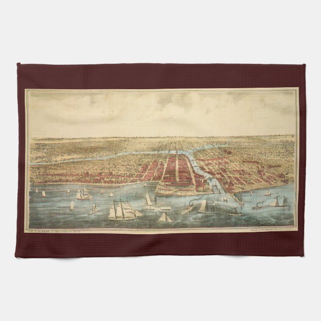 Linge De Cuisine Chicago Antique Map, LaSalle Street et River (Horizontal)