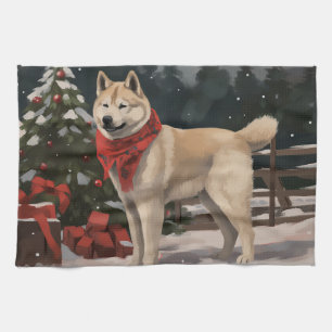 Linge De Cuisine Chien Akita dans la neige de Noël