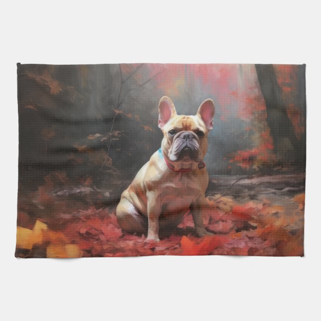 Linge De Cuisine Chien de taureau français en automne Leaves automn (Horizontal)