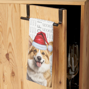 Linge De Cuisine Chien gallois à Santa Hat Woof Noël