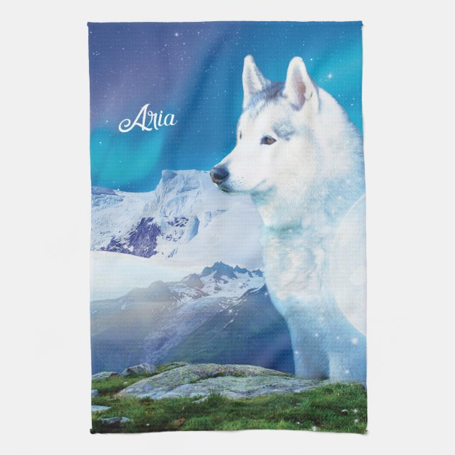Linge De Cuisine Chien Husky personnalisé avec montagnes (Vertical)
