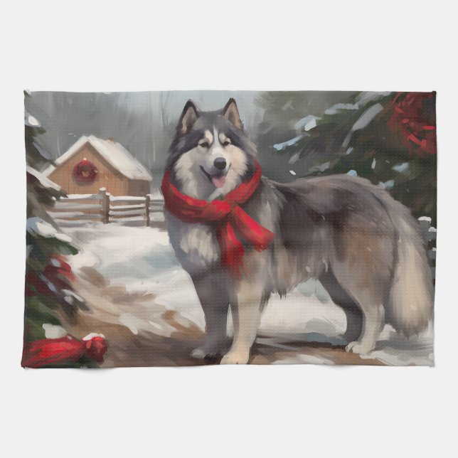 Linge De Cuisine Chien malamué de l'Alaska en Noël de neige (Horizontal)