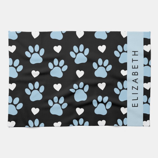 Linge De Cuisine Chien Paws, Blue Paws, White Hearts, Votre Nom (Horizontal)