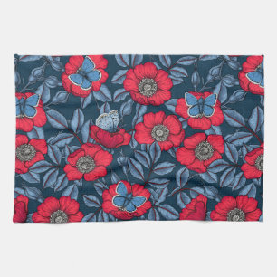 Linge De Cuisine Chien rose et papillons en bleu et rouge