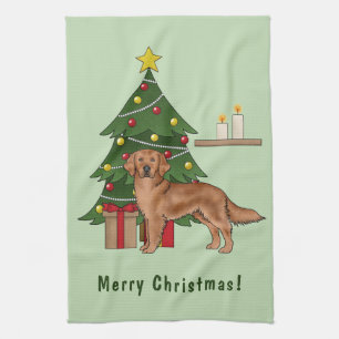 Linge De Cuisine Chien rouge Golden Retriever avec sapin de Noël
