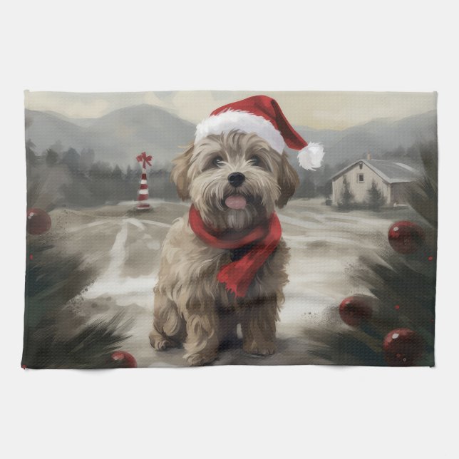 Linge De Cuisine Chien Yorkipod en Noël de neige (Horizontal)
