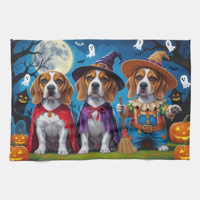 Linge De Cuisine Chiens beagles Citrouille Halloween Drôle (Horizontal)