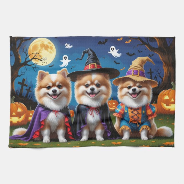 Linge De Cuisine Chiens de Poméranie Citrouille Halloween Funny (Horizontal)