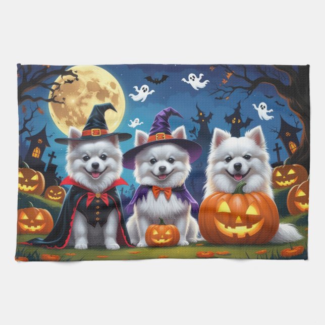 Linge De Cuisine Chiens Esquimaux Américains Citrouille Halloween D (Horizontal)