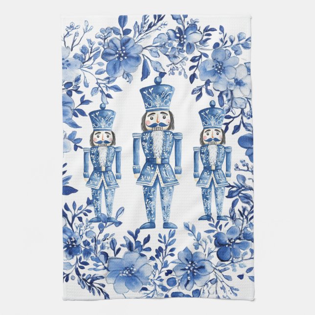 Linge De Cuisine Chinoiserie Bleu Blanc Floral Noisette Noël (Vertical)