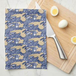 Linge De Cuisine Chinoiserie Bleu Blanc Tan Lapin Lapin Motif