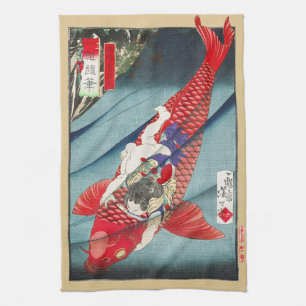 Linge De Cuisine Chinoiserie Carpe Koï Rouge et Impression de Garço