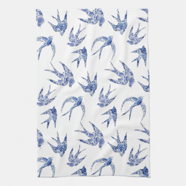 Linge De Cuisine Chinoiserie Chic Bird Swallows Blue n White Mosaic (Vertical)