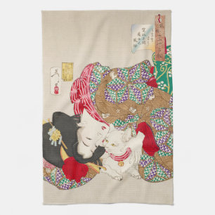 Linge De Cuisine Chinoiserie Dame japonaise et chat en kimono Art