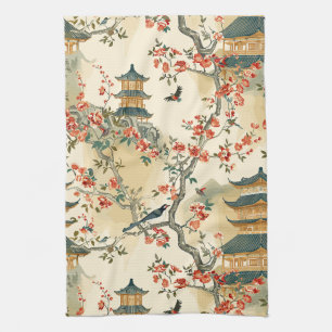 Linge De Cuisine Chinoiserie Élégante - Pagodes, Fleurs et Oiseaux