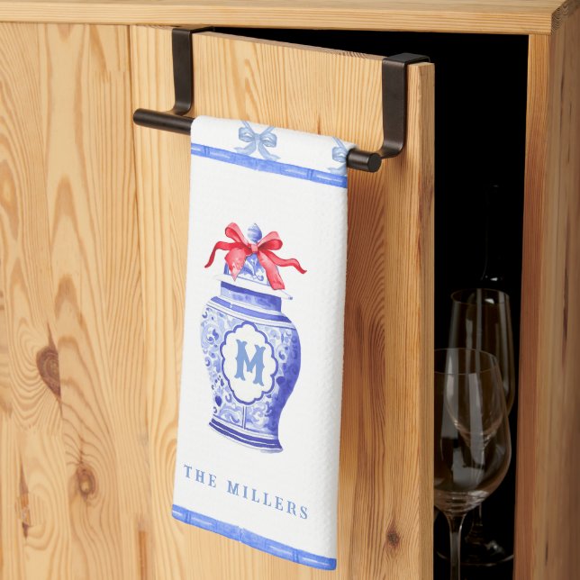 Linge De Cuisine Chinoiserie Ginger Jar Monogramme | Bow rouge (Pliage en tiers)