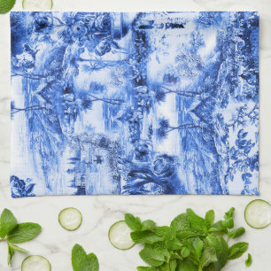 Linge De Cuisine Chinoiserie toile, saule bleu, porcelaine bleue   