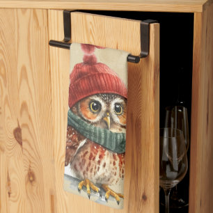 Linge De Cuisine Chouette de Noël Aquarelle d'hiver Fun Animal