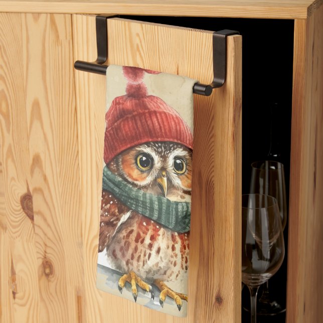Linge De Cuisine Chouette de Noël Aquarelle d'hiver Fun Animal (Pliage en tiers)