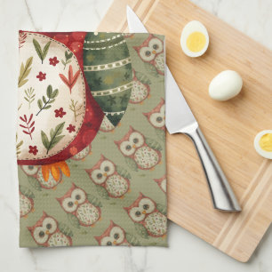 Linge De Cuisine Chouette en patchwork d'art populaire Cottagecore