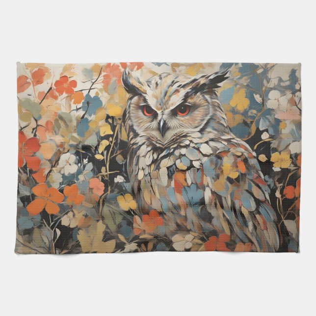 Linge De Cuisine Chouette et fleurs en peinture printanière (Horizontal)