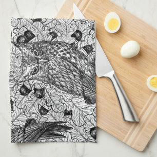 Linge De Cuisine Chouettes dans le chêne, noir et blanc
