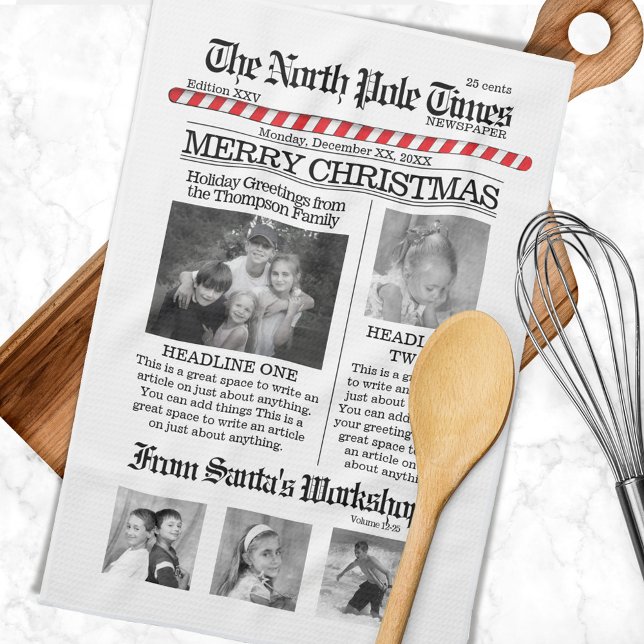 Linge De Cuisine Christmas Cute Fun North Pôle Times Journal (The North Pole Times newspaper custom kitchen towel. )