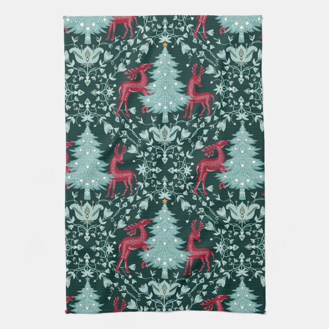 Linge De Cuisine Christmas Folk Art Red Reindeer and Tree (Vertical)