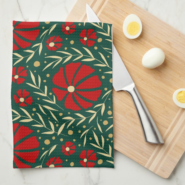Linge De Cuisine Christmas Hand-Drawn Red Flowers & Leaves (Quart Plié)