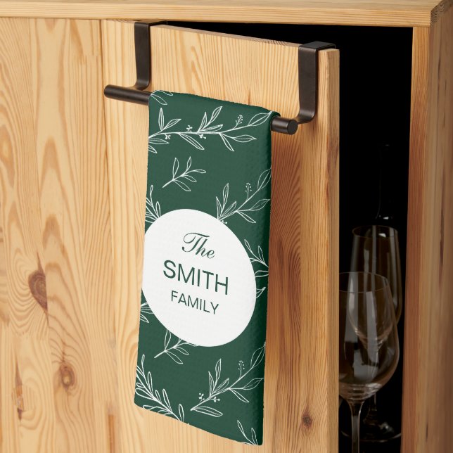 Linge De Cuisine Christmas Leaves Green Pattern Custom Family Name (Pliage en tiers)