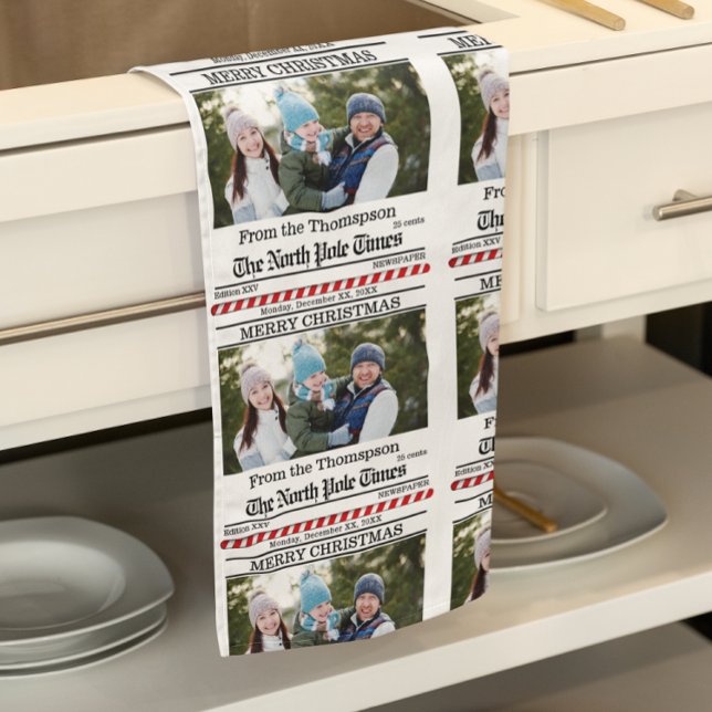 Linge De Cuisine Christmas mignon photo Whimsical Newspaper Motif (Newspaper print custom photo Christmas kitchen towel)