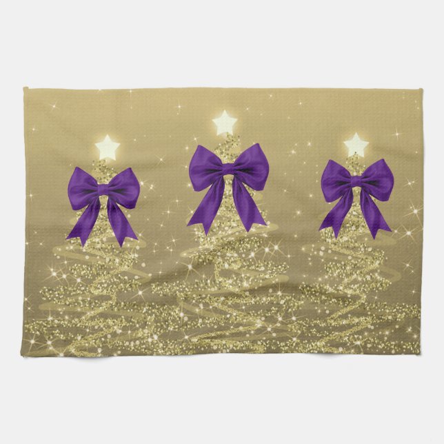 Linge De Cuisine Christmas Sparkling Trees Gold Faux Purple Bow  (Horizontal)