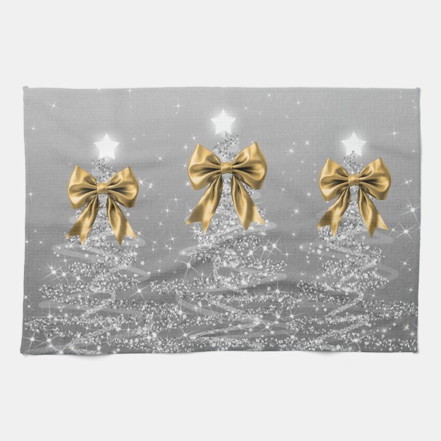 Linge De Cuisine Christmas Sparkling Trees Silver Faux Gold Bow  (Horizontal)