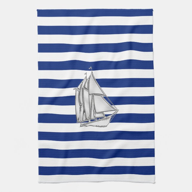 Linge De Cuisine Chrome Sailboat sur les rayures nautiques (Vertical)