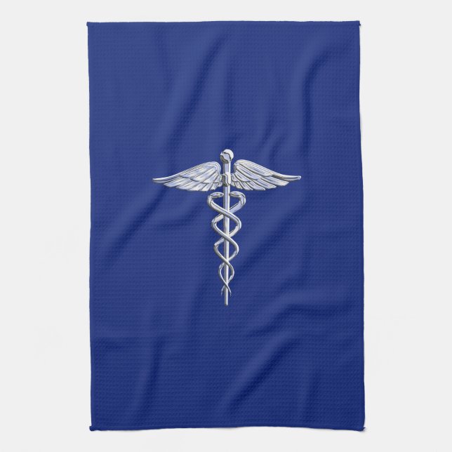 Linge De Cuisine Chrome Style Caduceus Symbole Médicale sur bleu ma (Vertical)