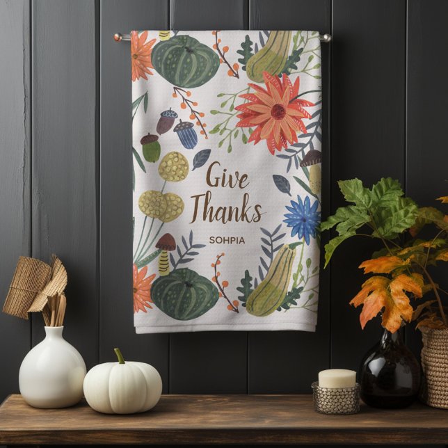 Linge De Cuisine Chute du champignon floral mignonne Thanksgiving (Cute Thanksgiving floral mushroom fall Kitchen Towel)