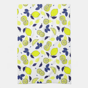 Linge De Cuisine Citron jaune imprimé et bleu Feuille Motif aliment