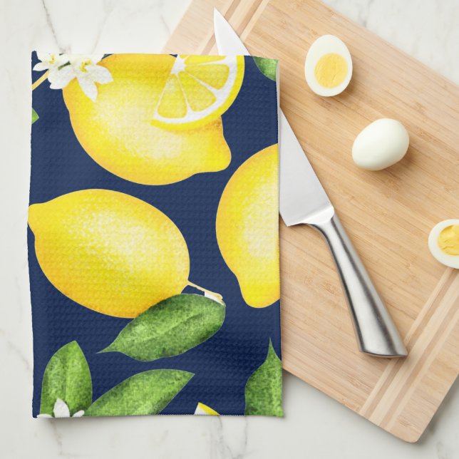 Linge De Cuisine Citron Motif bleu marine (Quart Plié)