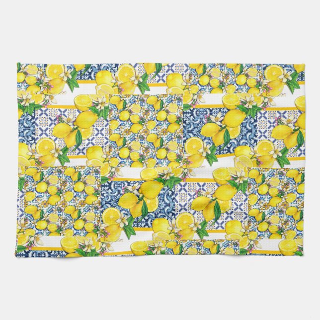 Linge De Cuisine Citron portugais Azulejo Méditerranée Santorin (Horizontal)