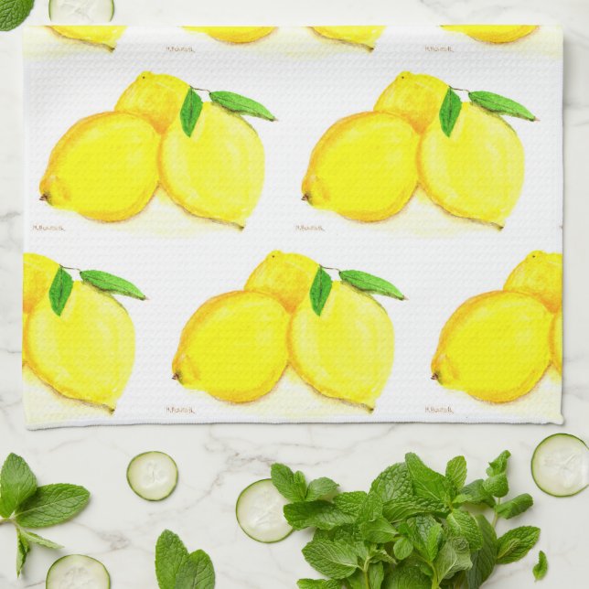 Linge De Cuisine Citrons Aquarelle Fruit Jaune Campagne Agritourism (Plié)