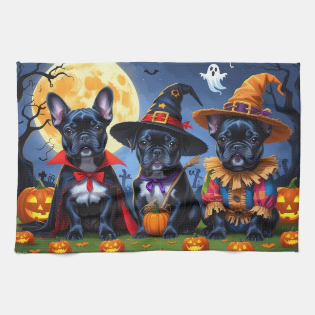 Linge De Cuisine Citrouille de Bulldogs de France noire Halloween d (Horizontal)