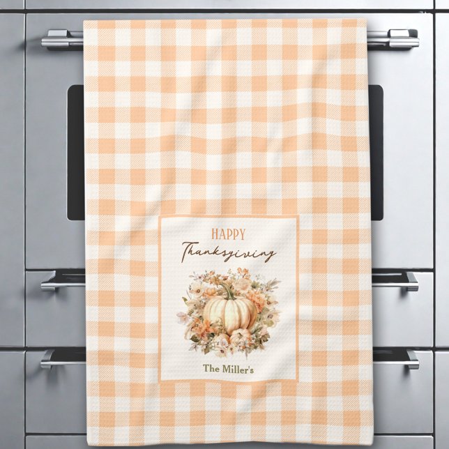 Linge De Cuisine Citrouille de Thanksgiving En vichy Pastel Orange  (Thanksgiving Pumpkin Gingham Pastel Orange Name Kitchen Towel)
