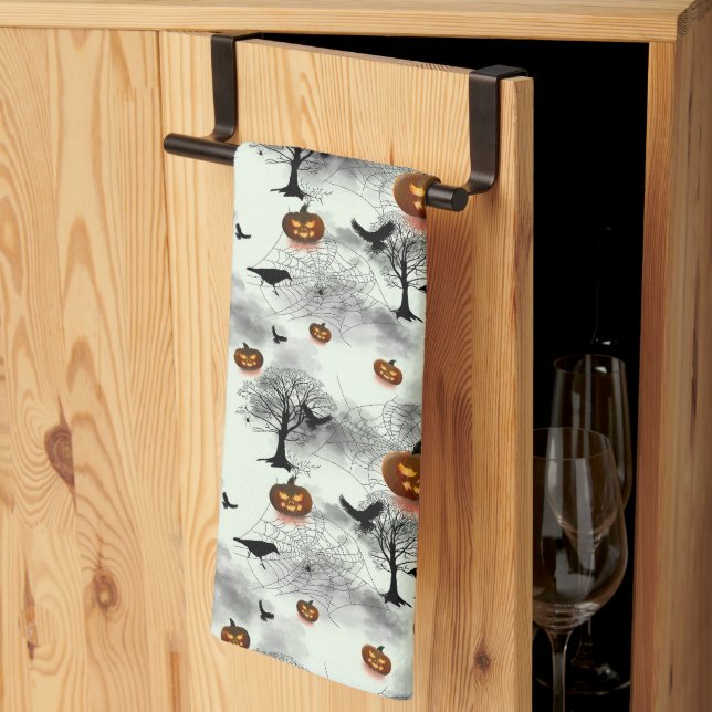 Linge De Cuisine Citrouille d'Halloween et corbeau (Pliage en tiers)